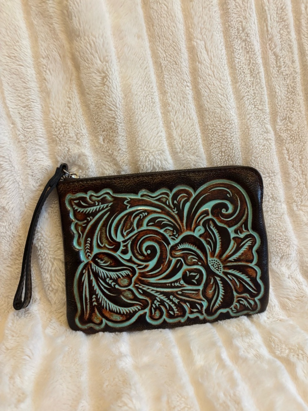 Patricia Nash Brown and Turquoise Tooled Leather Wristlet Clutch